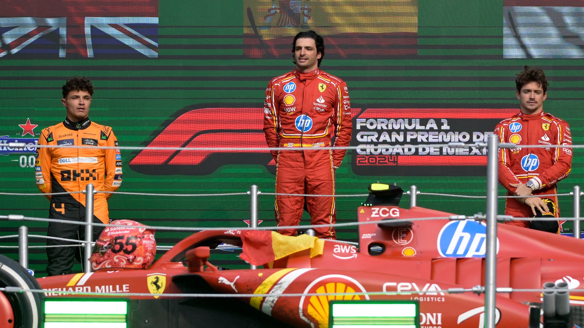 Norris, Sainz y Leclerc en el podio del GP de México. Fuente: F1